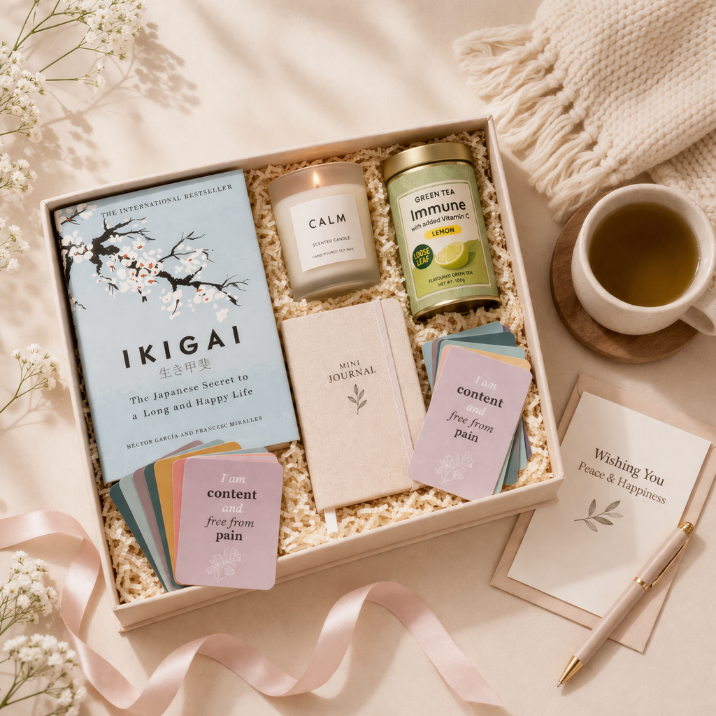 Relax & Reset Gift Hamper – Mindfulness Gift with Ikigai Book, Candle, Green Tea & Self-Care Kit
