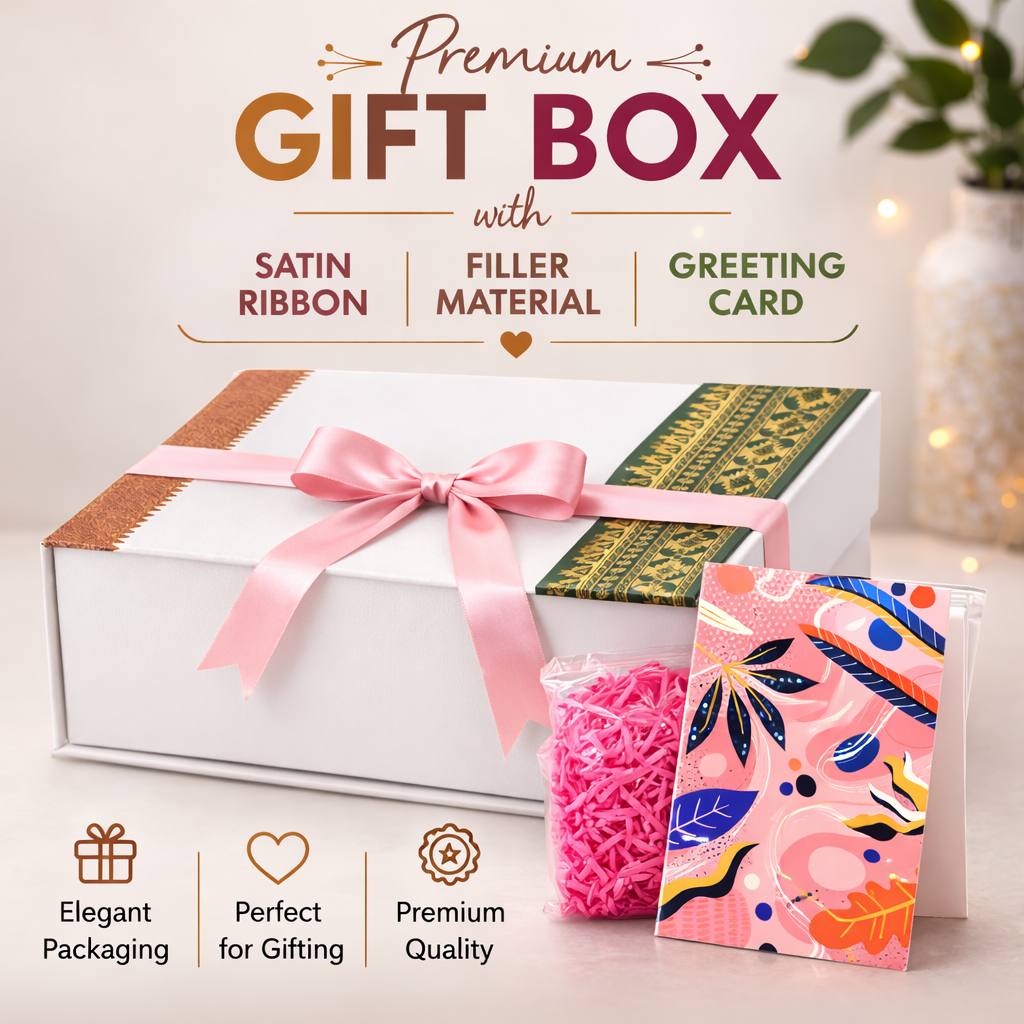 Magnetic Closure Rigid Gift Box with Filler Material, 1.5m Satin Ribbon & Greeting Card