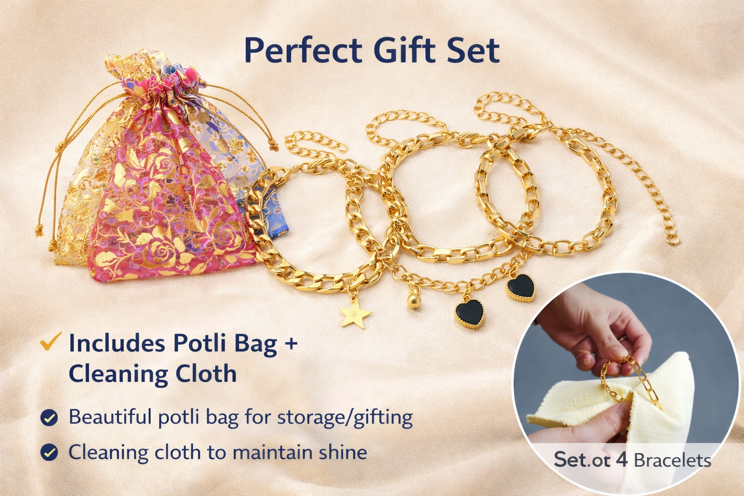 Gold-Tone Bracelet Set for Women (Set of 4) | Stylish Stackable Chain Bracelets