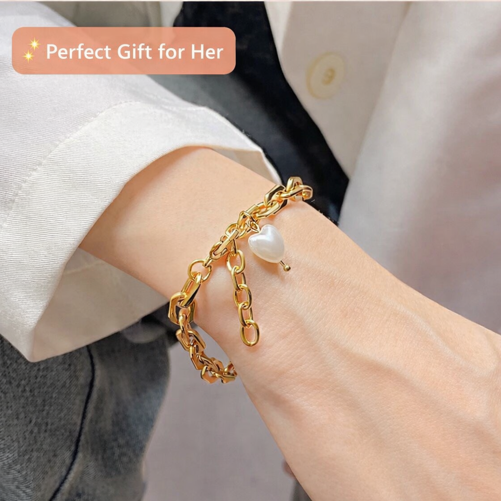 Gold-Tone Chain Bracelet with Heart Charm for Women | Minimalist Women Bracelet
