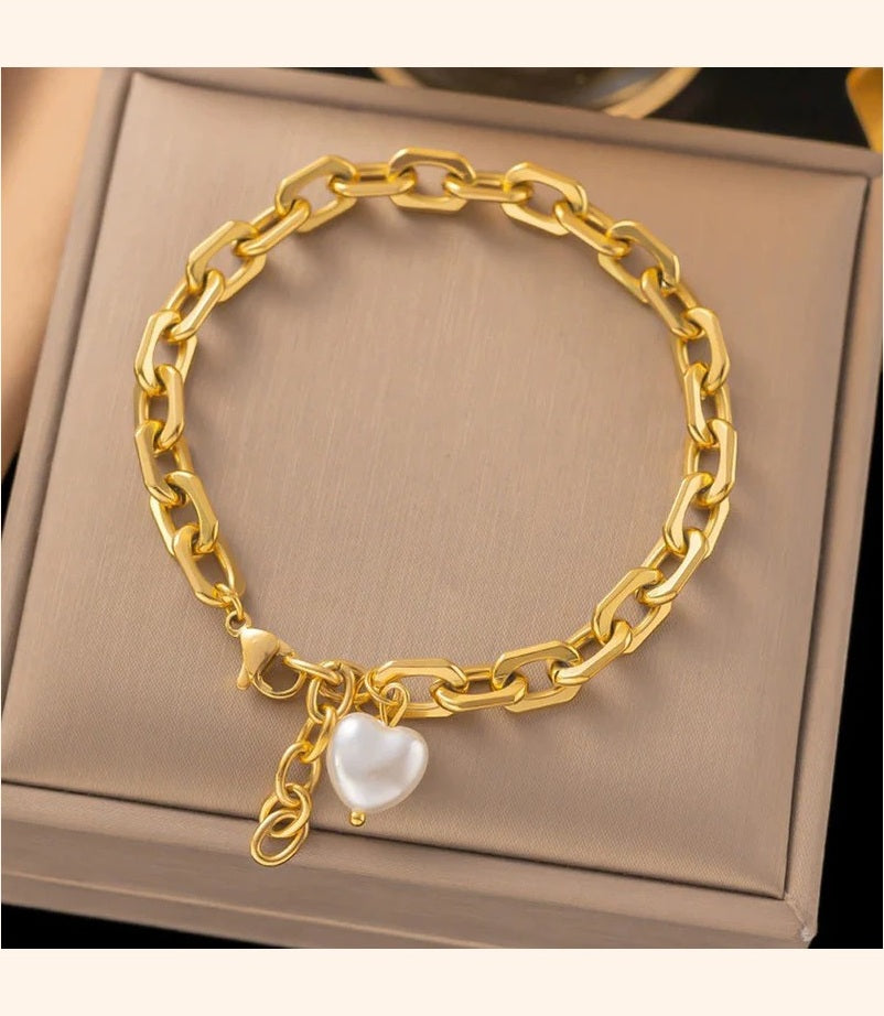 Gold-Tone Chain Bracelet with Heart Charm for Women | Minimalist Women Bracelet