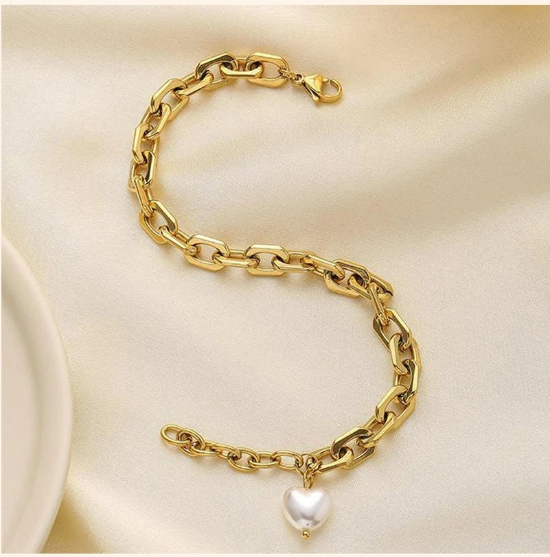 Gold-Tone Chain Bracelet with Heart Charm for Women | Minimalist Women Bracelet
