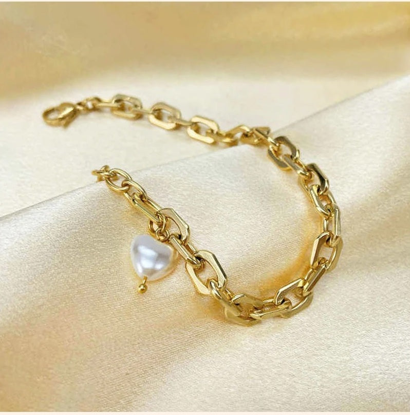 Gold-Tone Chain Bracelet with Heart Charm for Women | Minimalist Women Bracelet