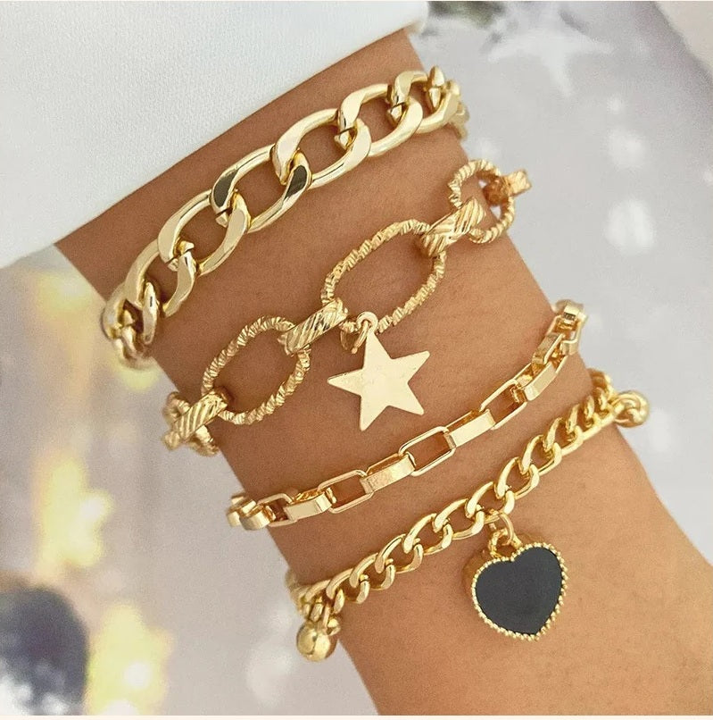 Gold-Tone Bracelet Set for Women (Set of 4) | Stylish Stackable Chain Bracelets