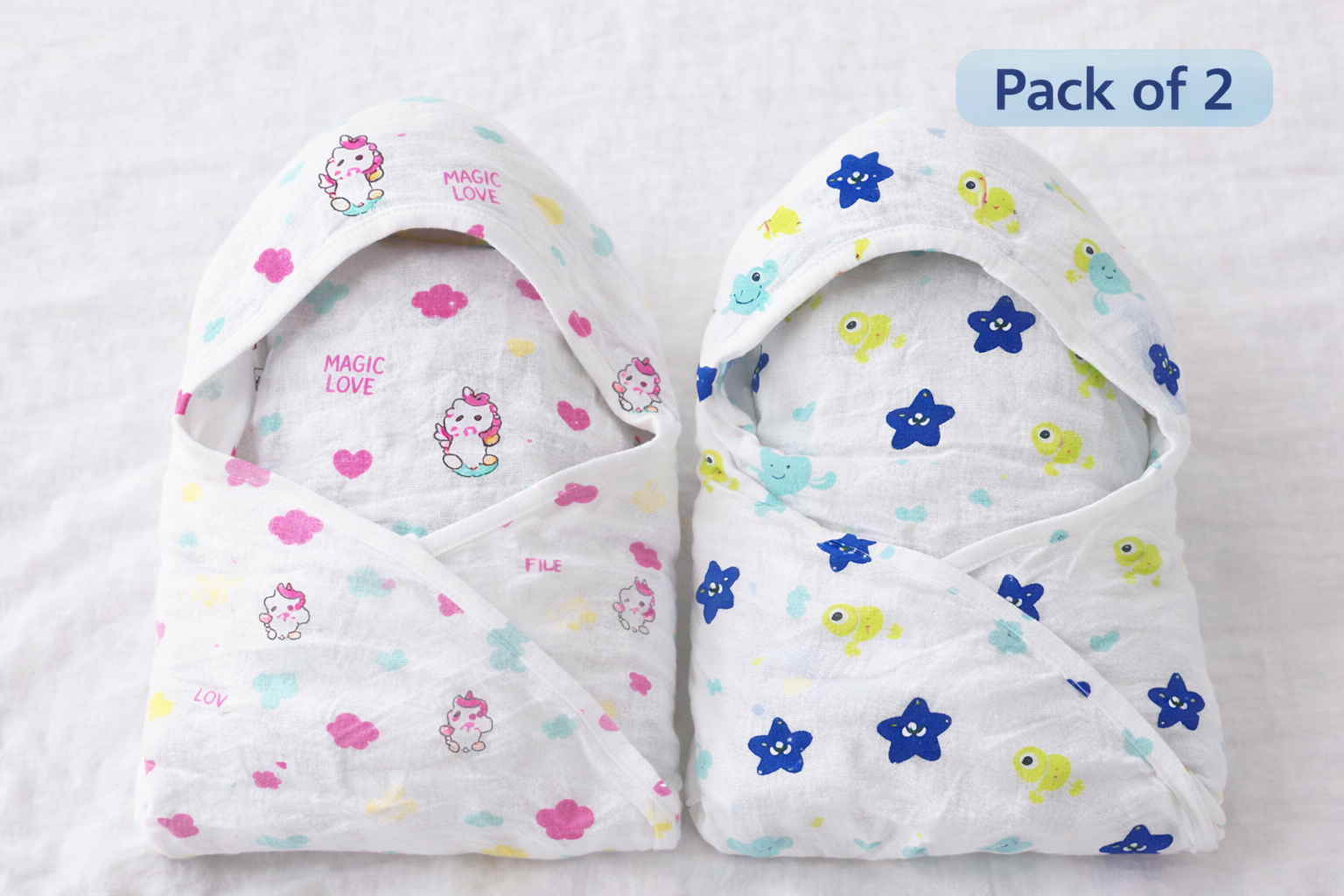 Baby Hooded Towel 100% Muslin Cotton (Pack of 1 / Pack of 2) | Ultra Soft, Absorbent & Breathable | Bath Towel with Hood (75 x 75 cm)