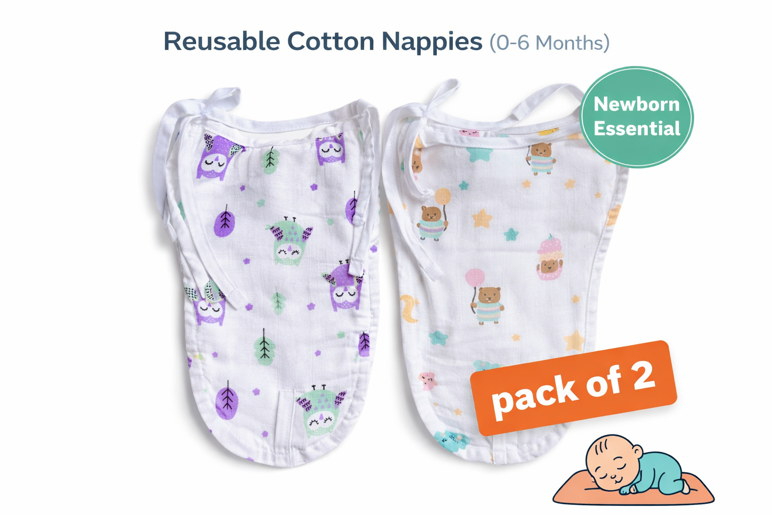 Baby Cloth Nappies 100% Cotton (Pack of 2 / Pack of 3) | Soft, Breathable & Reusable Langot for Newborns (0–6 Months)