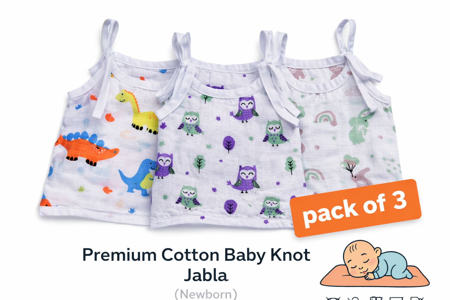 Baby Knot Jabla 100% Muslin Cotton (Pack of 2 / Pack of 3) | Sleeveless, Soft & Breathable Newborn Wear (0–3 Months)