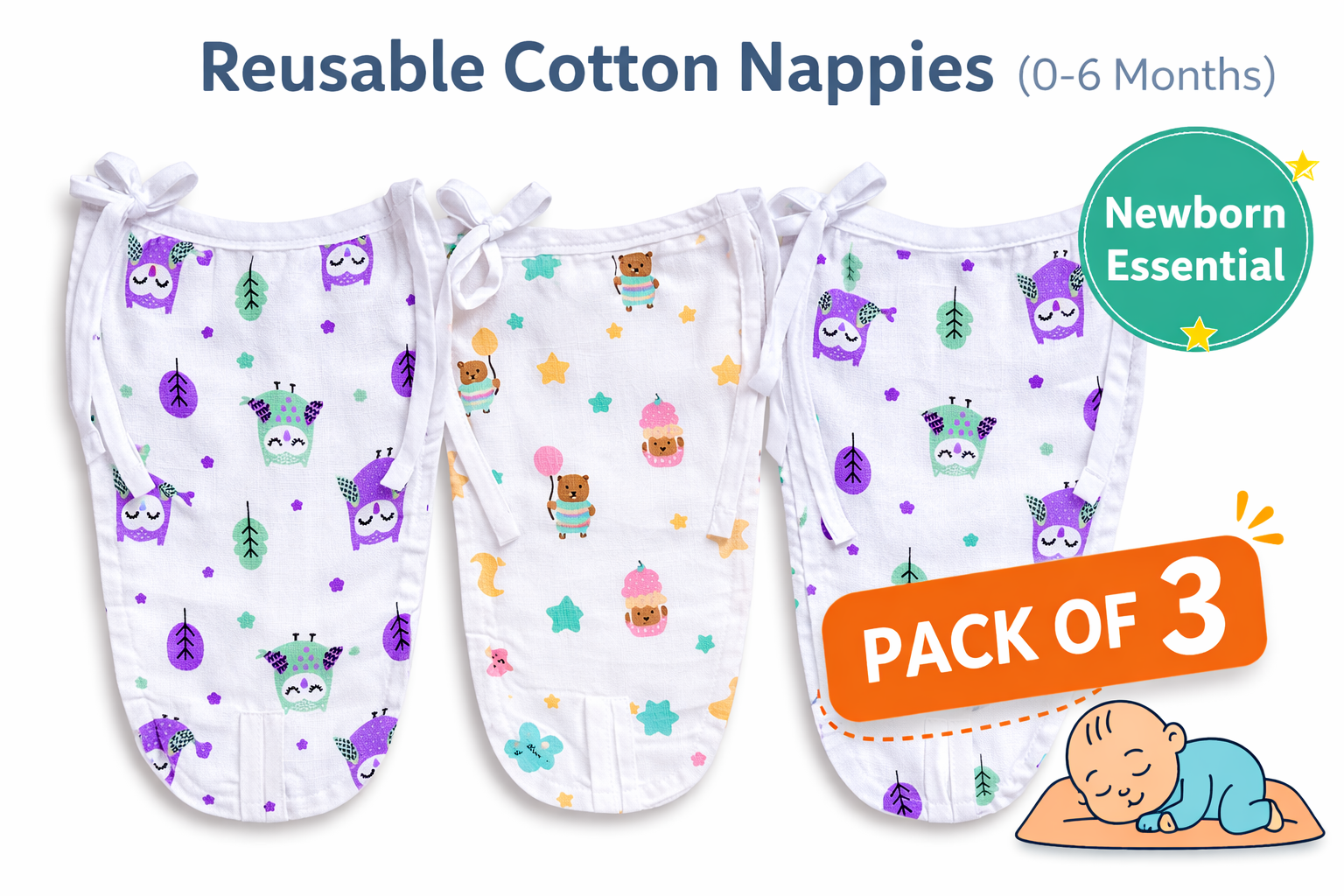 Baby Cloth Nappies 100% Cotton (Pack of 2 / Pack of 3) | Soft, Breathable & Reusable Langot for Newborns (0–6 Months)