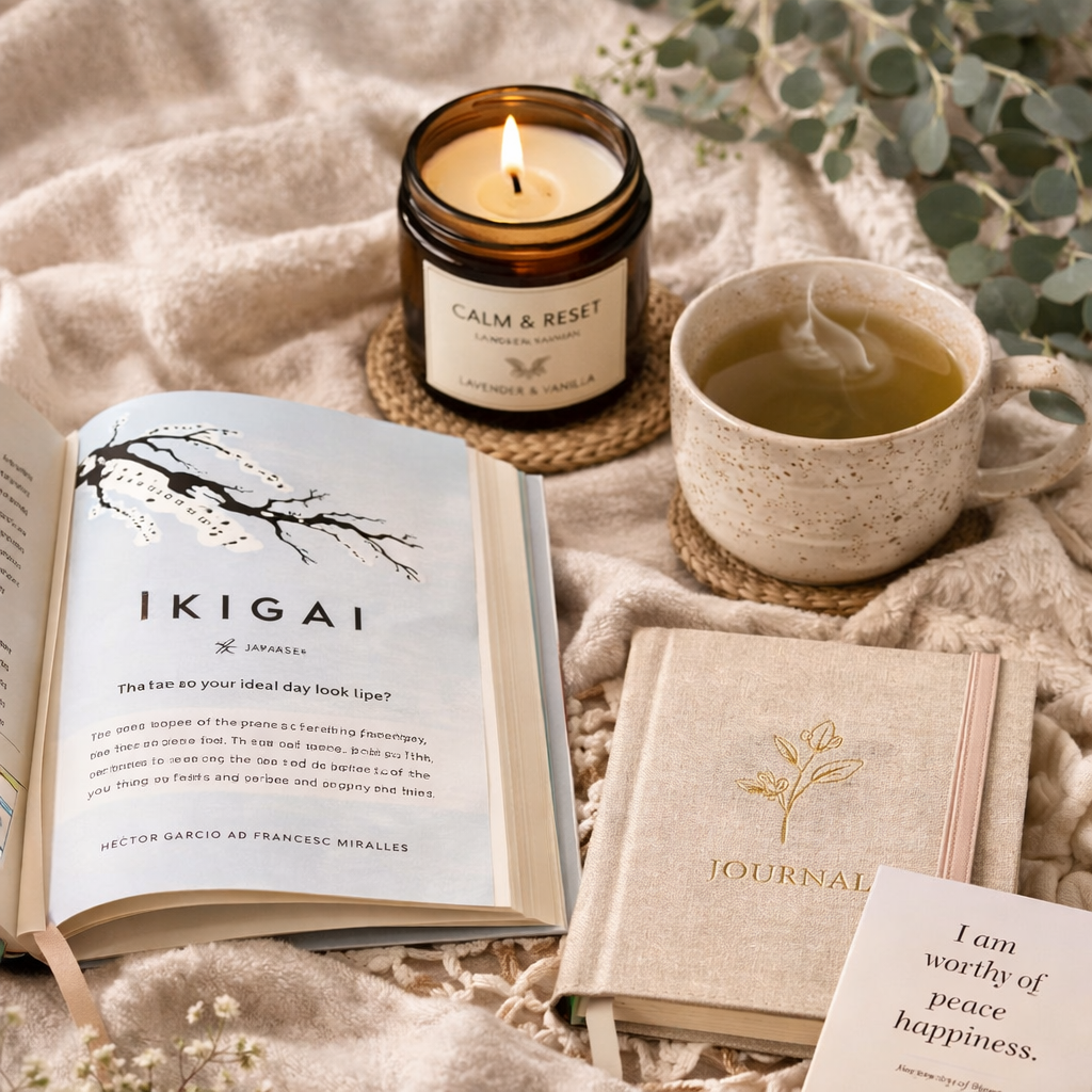 Relax & Reset Gift Hamper – Mindfulness Gift with Ikigai Book, Candle, Green Tea & Self-Care Kit