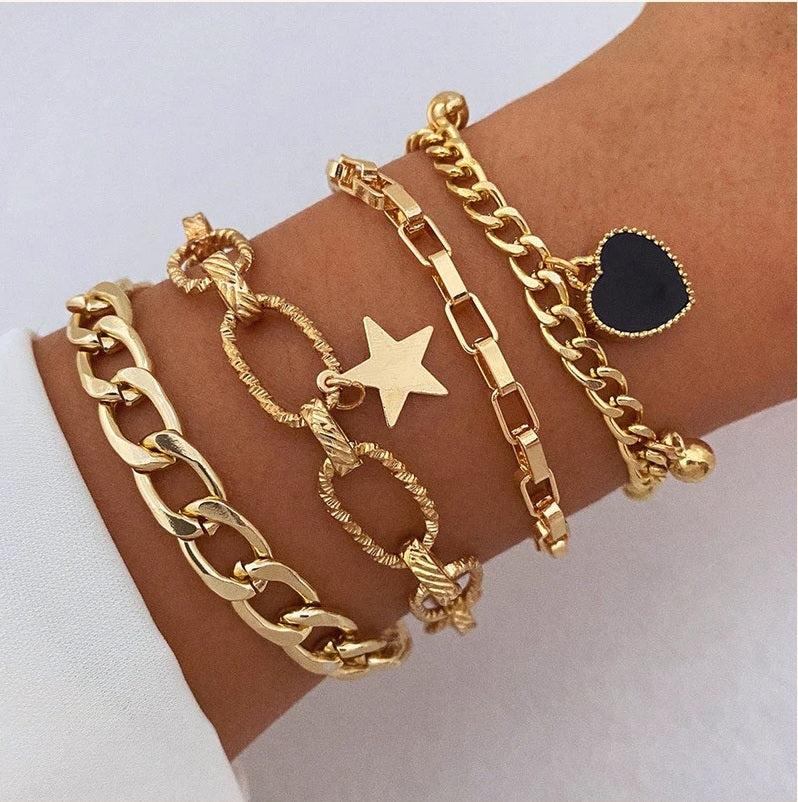Gold-Tone Bracelet Set for Women (Set of 4) | Stylish Stackable Chain Bracelets