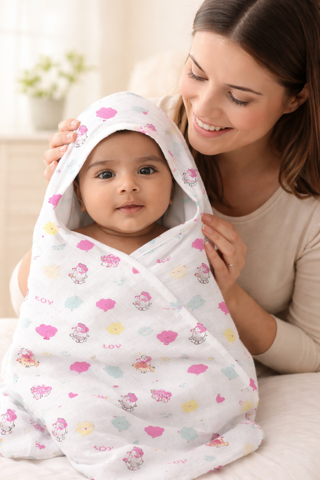 Baby Hooded Towel 100% Muslin Cotton (Pack of 1 / Pack of 2) | Ultra Soft, Absorbent & Breathable | Bath Towel with Hood (75 x 75 cm)