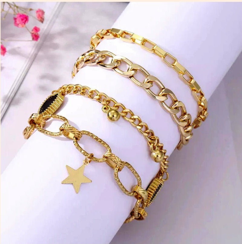 Gold-Tone Bracelet Set for Women (Set of 4) | Stylish Stackable Chain Bracelets