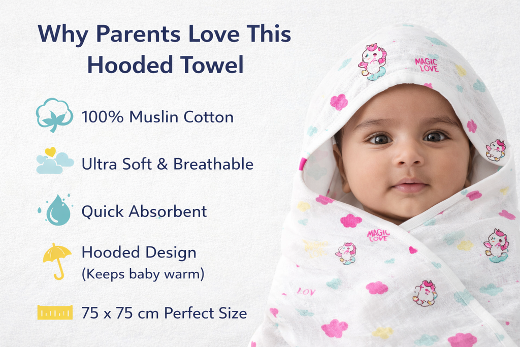 Baby Hooded Towel 100% Muslin Cotton (Pack of 1 / Pack of 2) | Ultra Soft, Absorbent & Breathable | Bath Towel with Hood (75 x 75 cm)
