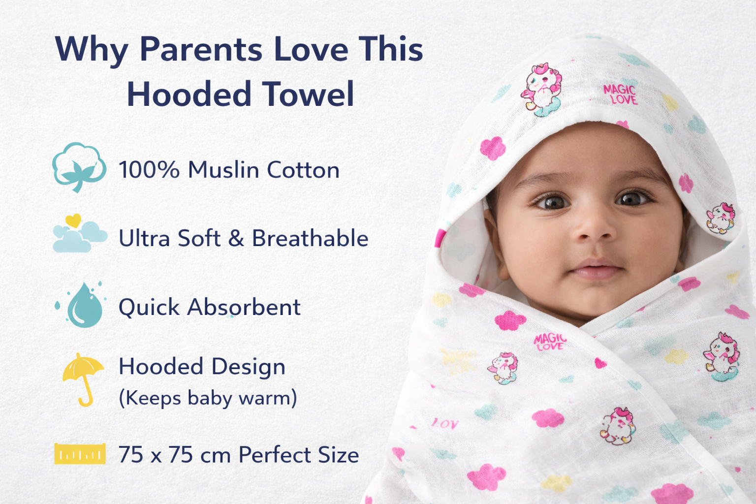 Baby Hooded Towel 100% Muslin Cotton (Pack of 1 / Pack of 2) | Ultra Soft, Absorbent & Breathable | Bath Towel with Hood (75 x 75 cm)
