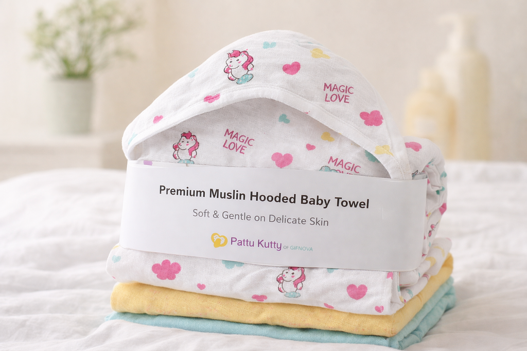 Baby Hooded Towel 100% Muslin Cotton (Pack of 1 / Pack of 2) | Ultra Soft, Absorbent & Breathable | Bath Towel with Hood (75 x 75 cm)