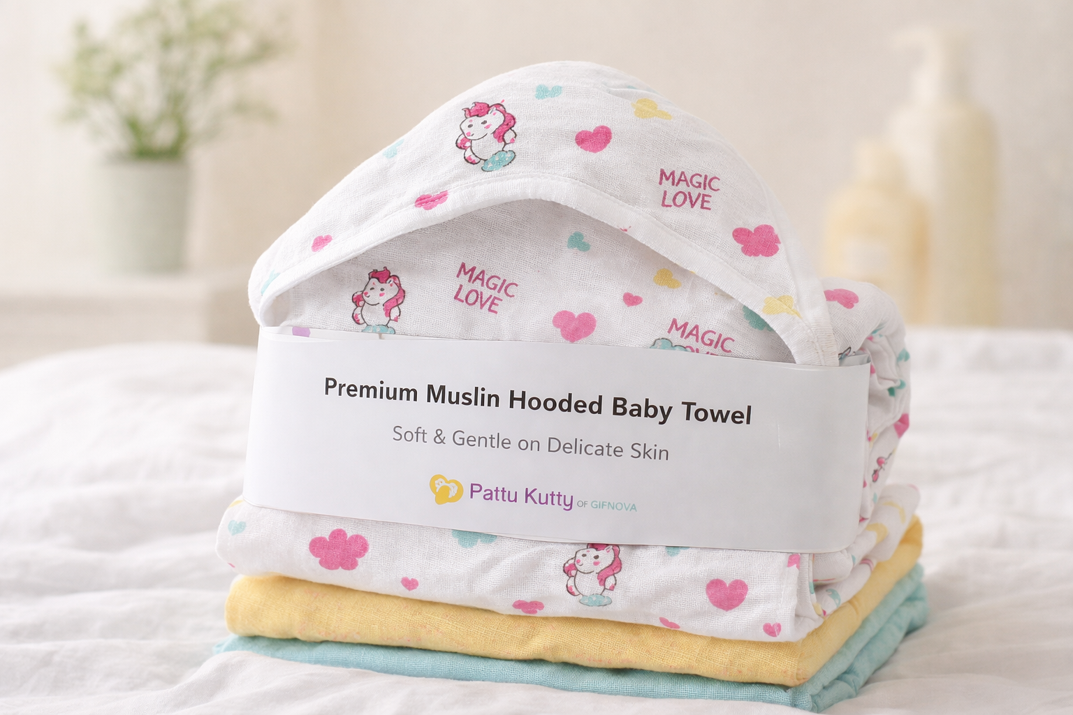 Baby Hooded Towel 100% Muslin Cotton (Pack of 1 / Pack of 2) | Ultra Soft, Absorbent & Breathable | Bath Towel with Hood (75 x 75 cm)